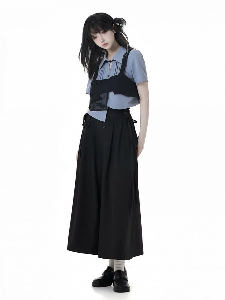 Embroidery Button Cheongsam Style Top Black Pine Tree Knot