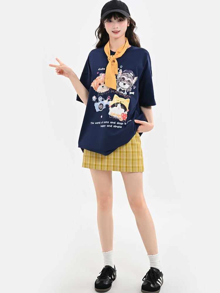 White/Black/Dark Blue Round Neck Puppy and Kitty Print Loose T-Shirt