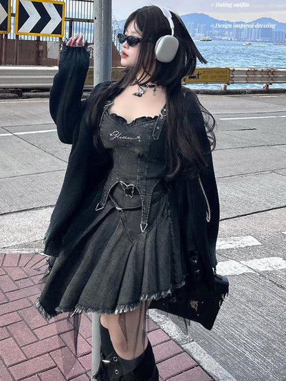 Plus Size Dark Grey Y2K Distressed Holes Loose Cardigan