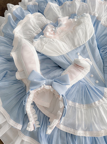 Blue and Pink Sweet Maid Apron + Basque Waist Tiered Ruffles Hem Strapless Puffy Dress