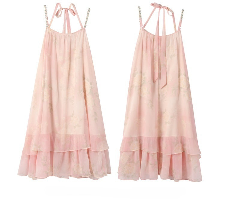 Sleeves Neck Tiered Slip Skirt Polka-dot Dress+Flutter Overdress Yume Kawaii Pink Set-	Halter Two-pieces