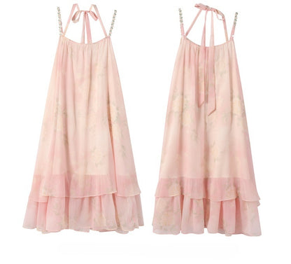 Sleeves Neck Tiered Slip Skirt Polka-dot Dress+Flutter Overdress Yume Kawaii Pink Set-	Halter Two-pieces