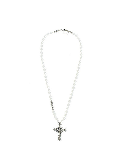 Necklace Cross White Silver Pendant Beaded