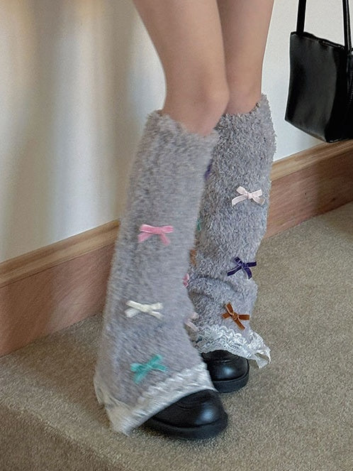 White Sweet Bowknot Lace Trim Leg Warmers