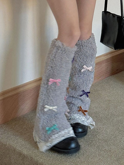 White Sweet Bowknot Lace Trim Leg Warmers