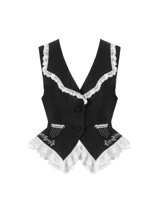 White Cross Lace Hemline Black Ouji Lolita Waistcoat