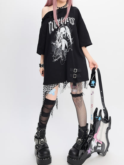 Y2K Black Snap Details Neckline Anime Print Girl Loose T-shirt