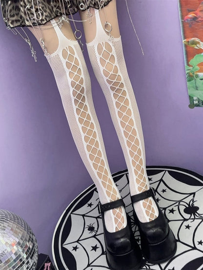 Cut-out Rock Black/Red/White Suspender Punk Design Stockings