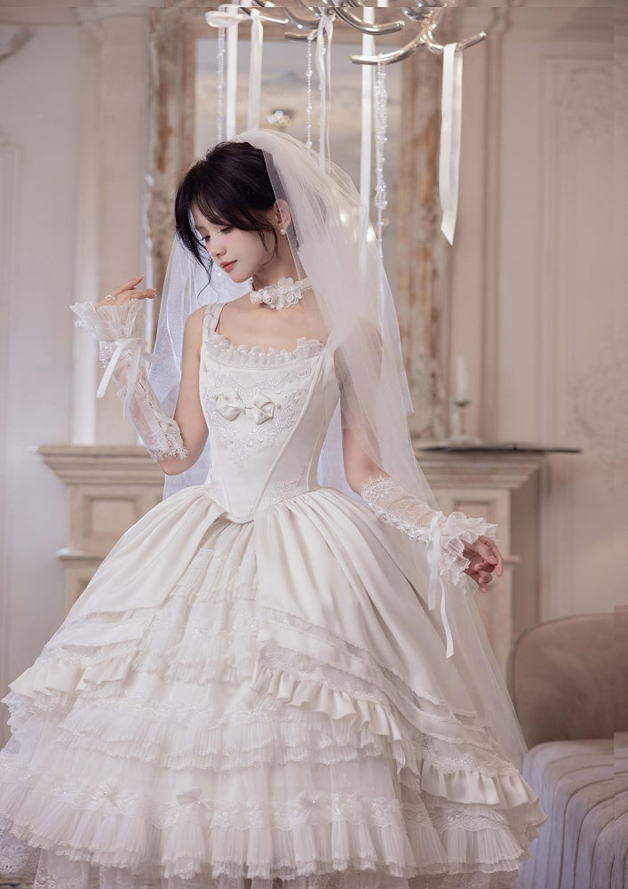 Rosette White Elegant Wedding Hanayome Lolita Jumper Skirt + Underskirt