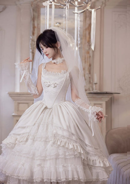 Rosette White Elegant Wedding Hanayome Lolita Jumper Skirt + Underskirt