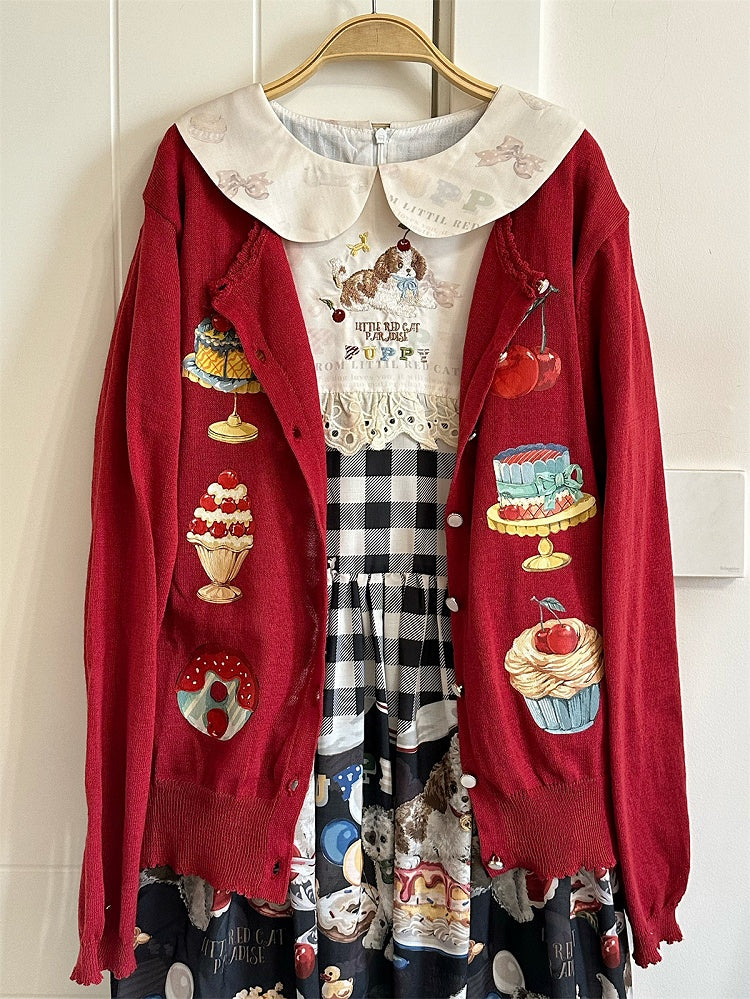 Red Long Sleeves Dessert Print Cardigan