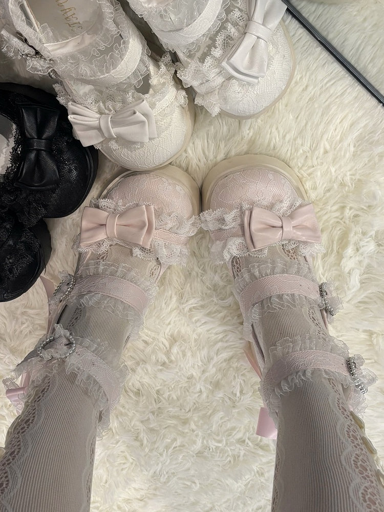 Jane Block Mary Straps Jirai Kei Pink mit High - Heel Schuhe mit Spitzenbesatz