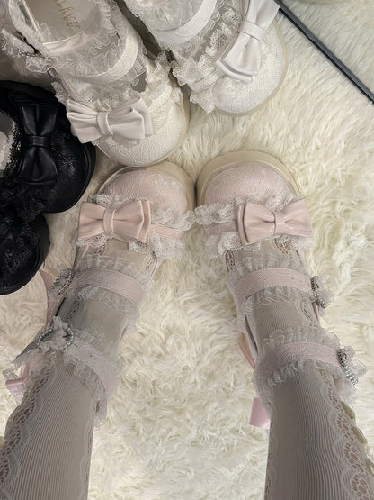 Jane Block Mary Straps Jirai Kei Pink mit High - Heel Schuhe mit Spitzenbesatz