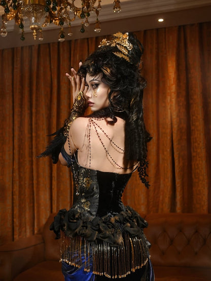 Black and Gold Tassels Boned Corset Top and Gold Chiffon Skirt