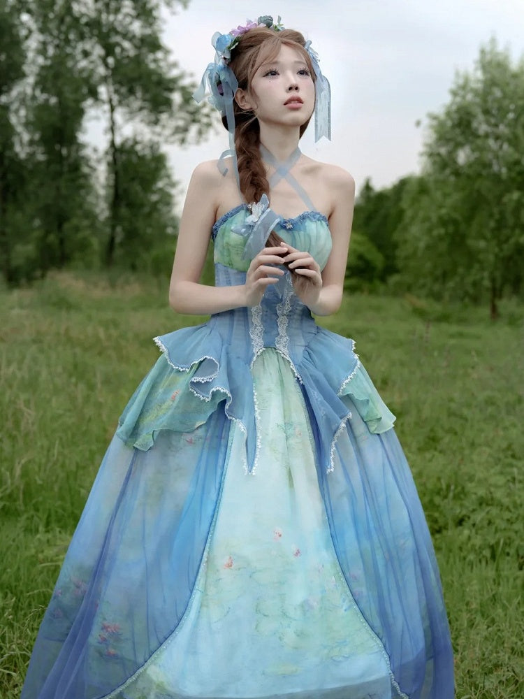 Tiered Flounce Hem Halter Boned Corset Top Print Sky Painting Fairy Oil Blue