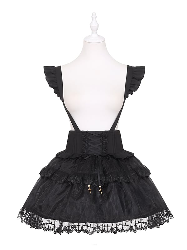 Jirai Kei Black Lace-up Detail High Waist Tulle Skirt Landmine Overall Dress