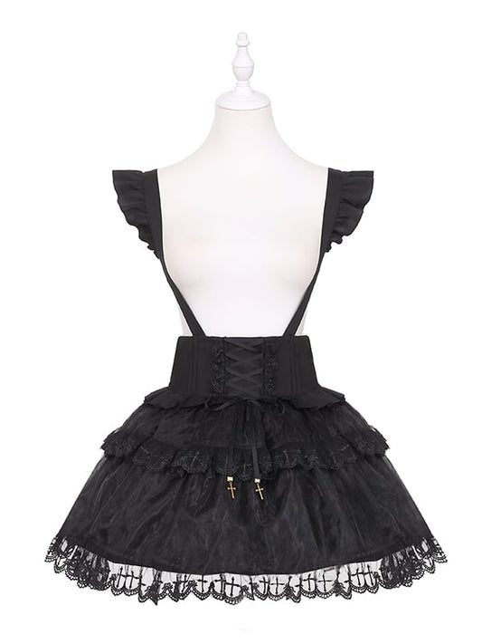 Jirai Kei Black Lace-up Detail High Waist Tulle Skirt Landmine Overall Dress