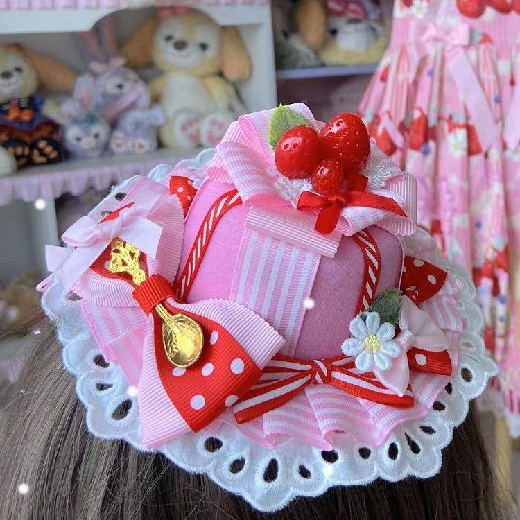 Bowknot Lace Design Trim Mini Pink Floral Strawberry Hat Decorated Details