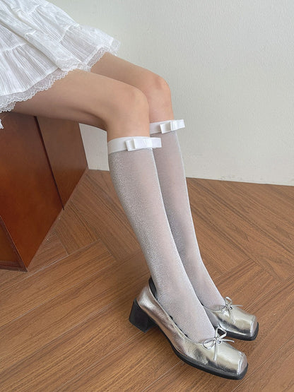 Grey/Black Underknee Details Bowknot Stockings Semi-sheer Light