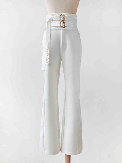 Pantalon Lolita taille haute blanc Ouji Fashion avec deux ceintures