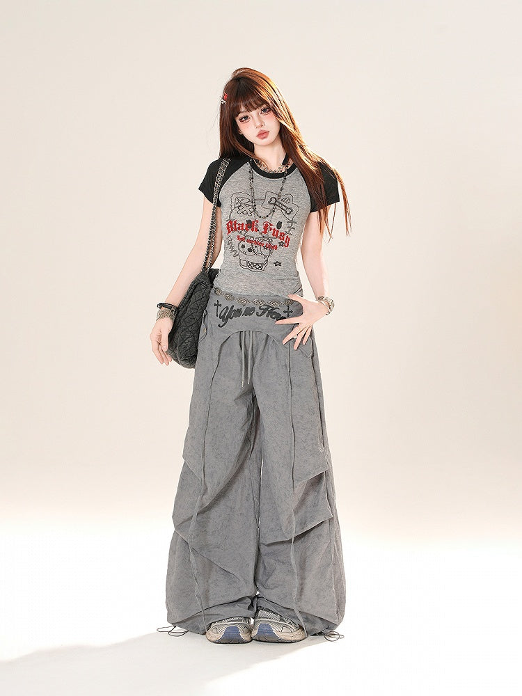 Accessory Pink/Gray Drawstring Wide-Leg Pants with Waist