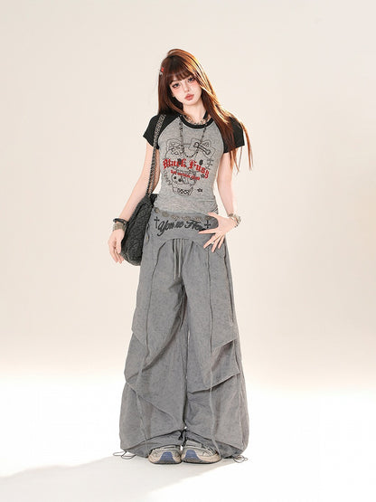 Accessory Pink/Gray Drawstring Wide-Leg Pants with Waist