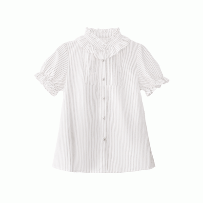 Beige gestreifte Bluse mit Puffärmeln und Rüschenausschnitt