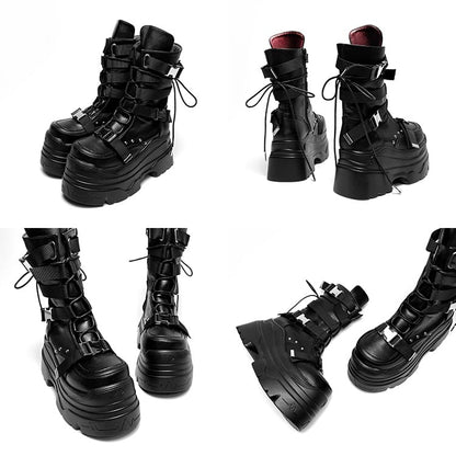 Matte Black Punk Stud Bandage Lace-up Details Platform Boots