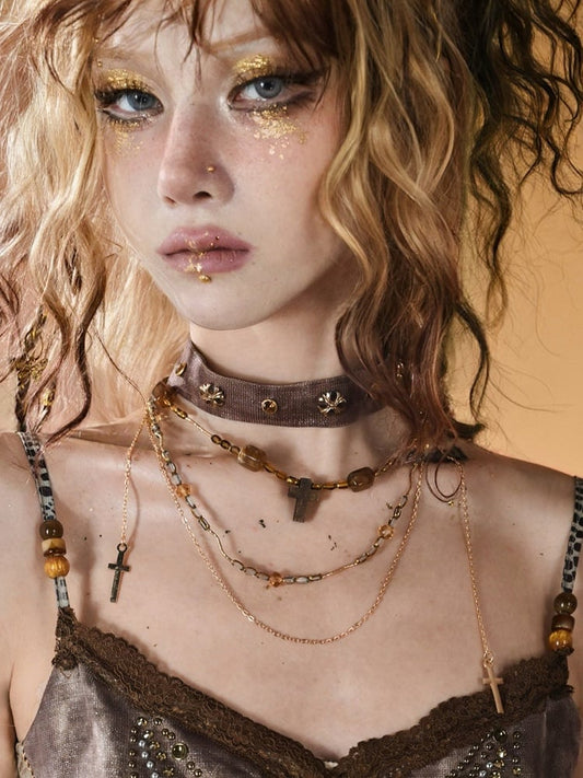 Brown Neacklace Cross Pendant Punk Beaded Choker With Wasteland