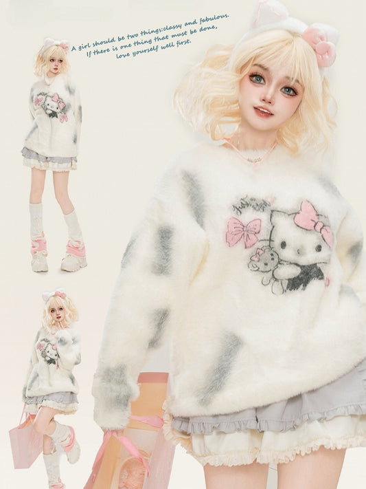 Milk White Kitty Graphic Distress Trim Loose Sweater