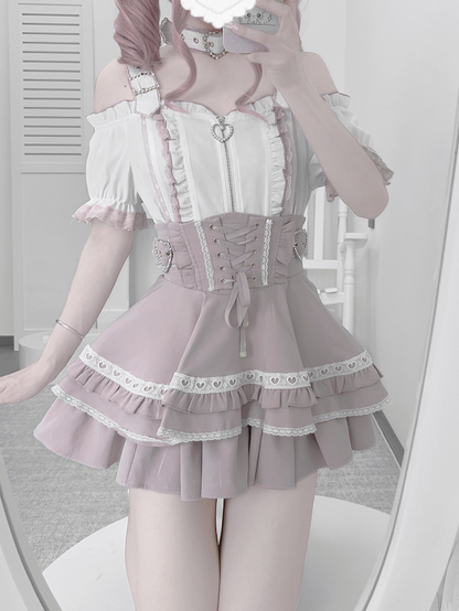 White Pink Short Jirai Kei Off-the-Shoulder Neckline Landmine and with Sleeves Choker Top Free Style