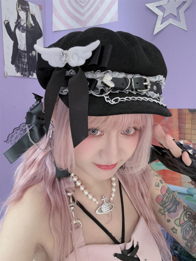 Angel Wings Rhinestoned Bowknot Jirai Kei Hat