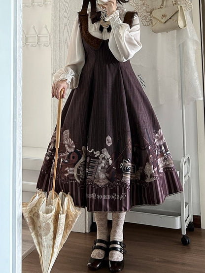 Brown Under Bust Violin and Piano Print Elegant Lolita Dress