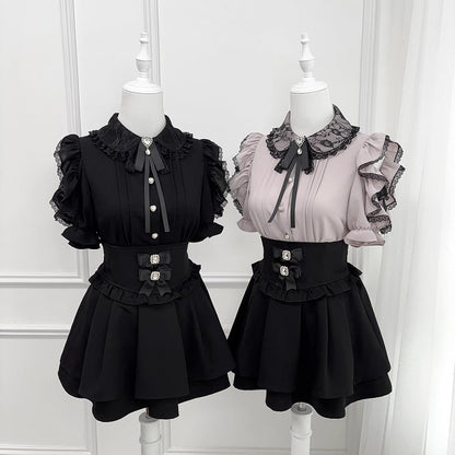 Bow Dusty Collar Peter Blouse with Lace Pink Pan Cutout Trim Shoulder Jirai Tie Kei