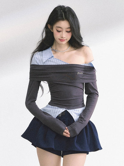 Two-pieces Gray and Blue Stripes Asymmetrical Neckline Faux Top