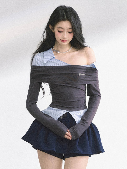 Two-pieces Gray and Blue Stripes Asymmetrical Neckline Faux Top