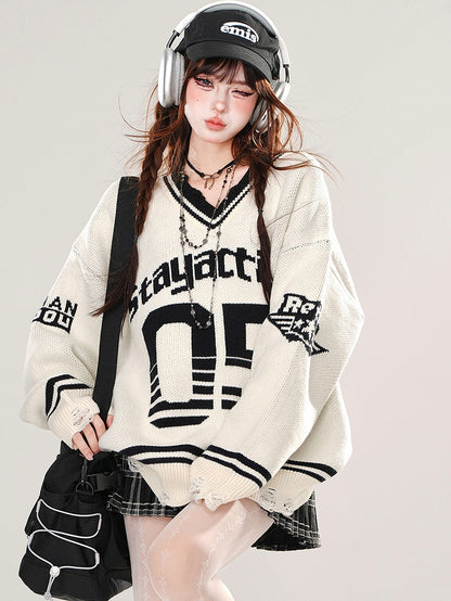 White Numbers Preppy Style V-neck Loose Sweater