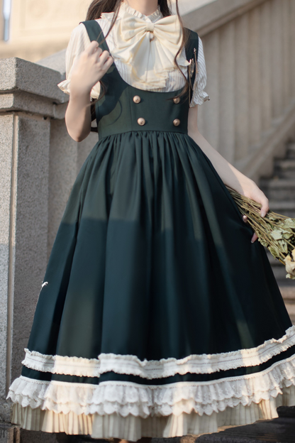 skirt vest big shirt + college brooch Western-style ribbon puff sleeve