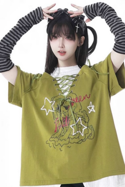 Lace-Up Flared Pants Illustrated Top Subculture + Girl