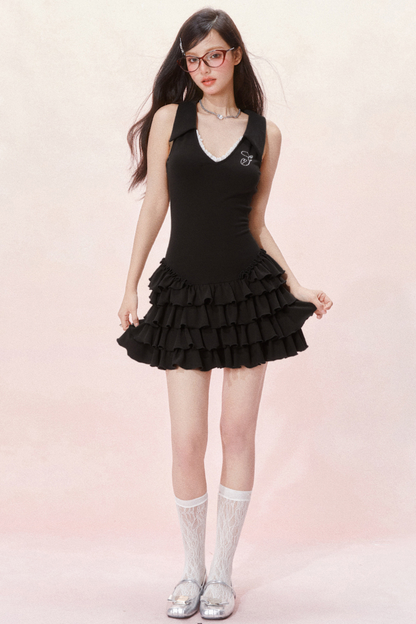 Slim Cake Dress Fit Sleeveless Chic Ruffle V-Neck