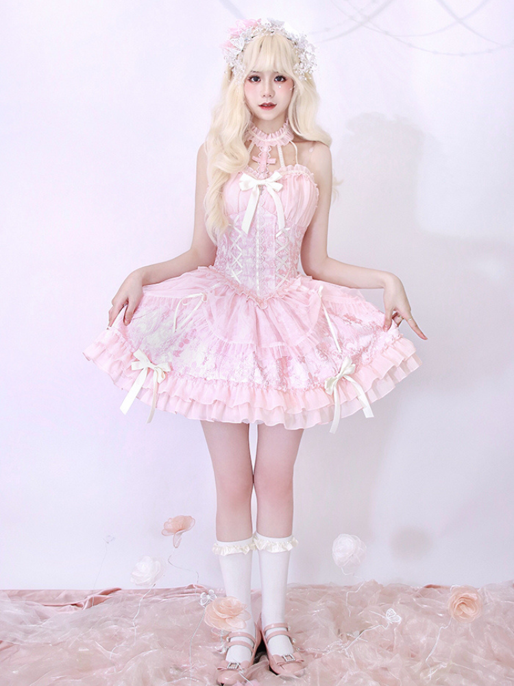 Neck Balletcore Corset Lolita Dress Pink Belle JSK Halter Cross