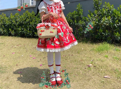 Crochet Bag Red Strawberry and Bowknot Decorative Tote Bag