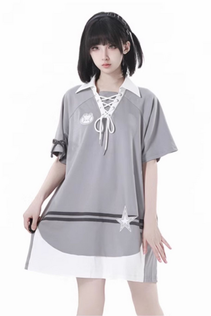 hooded skirt Lace-up top + loose t-shirt balloon