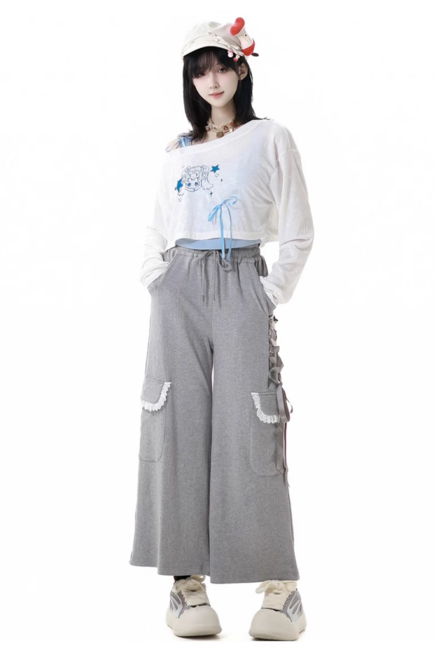 One-shoulder top + pants lace-up camisole