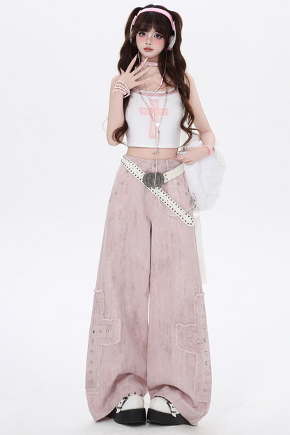 Pink High Work Straight Pants Leg Denim Waist
