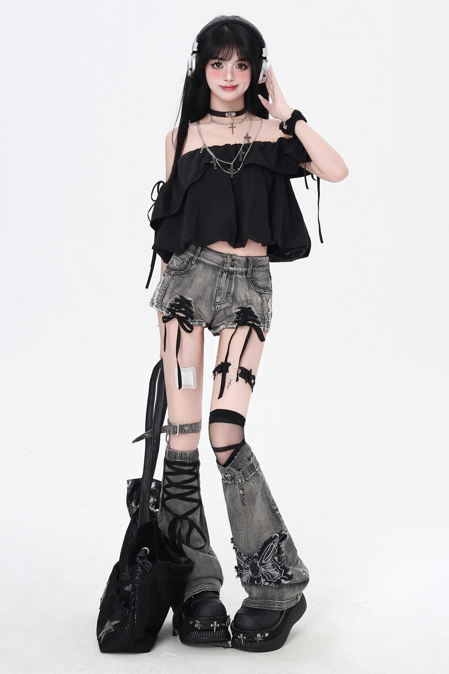 shorts Colored ribbon denim lace-up