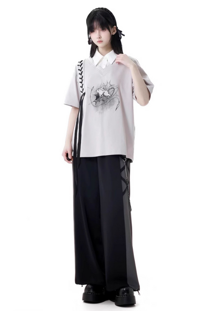 Mode top T-shirt pants wide + design lace-up waist