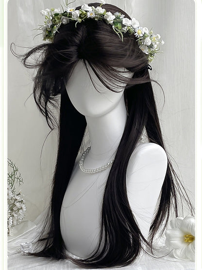 Length Straight 60CM Black With Curtain Wig Bangs
