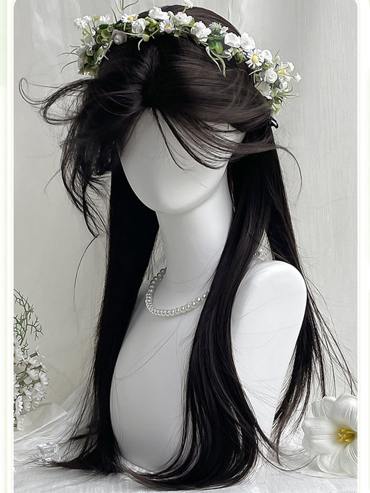 Length Straight 60CM Black With Curtain Wig Bangs