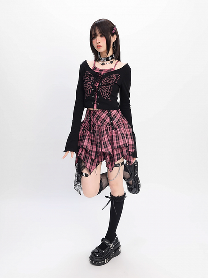 Top Faux Y2K Lace-up Front Butterfly Print Black Pink Plaid Two-pieces and
